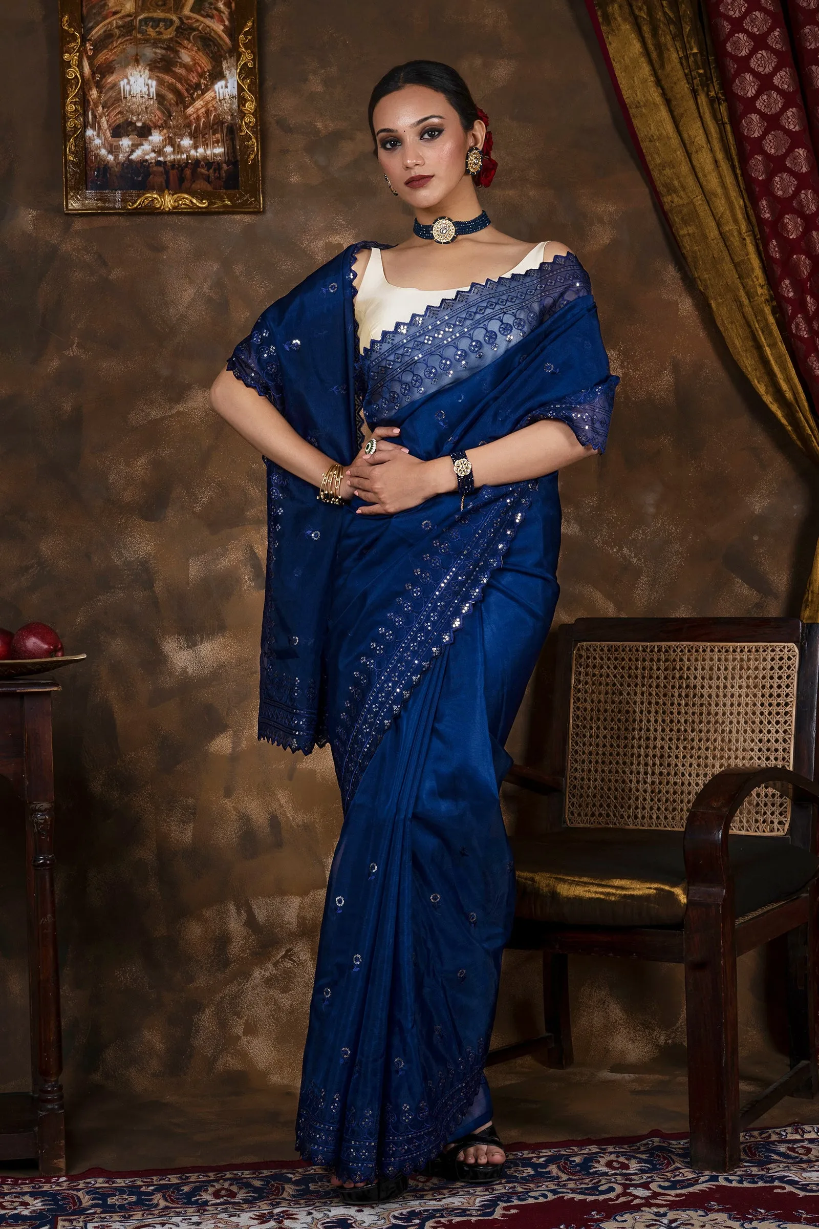 Teejh Hiranya Blue Sequin Embroidery Organza Saree