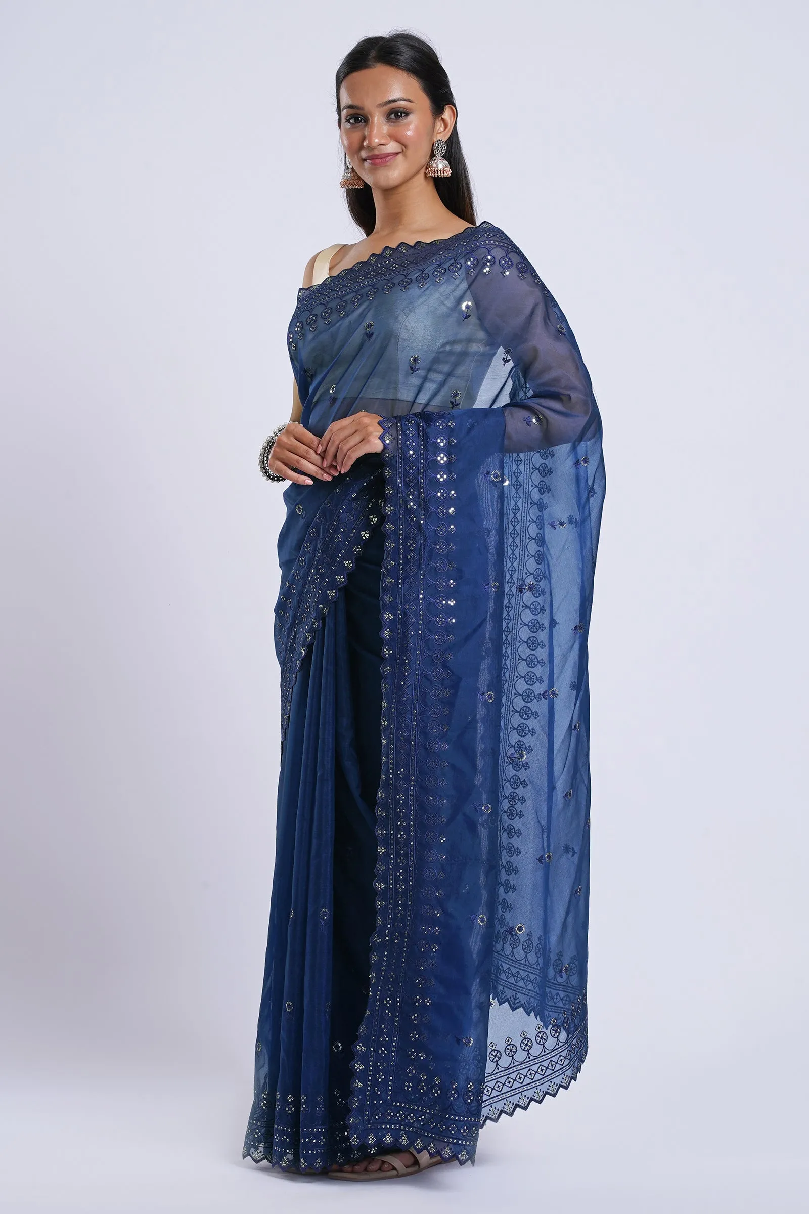 Teejh Hiranya Blue Sequin Embroidery Organza Saree