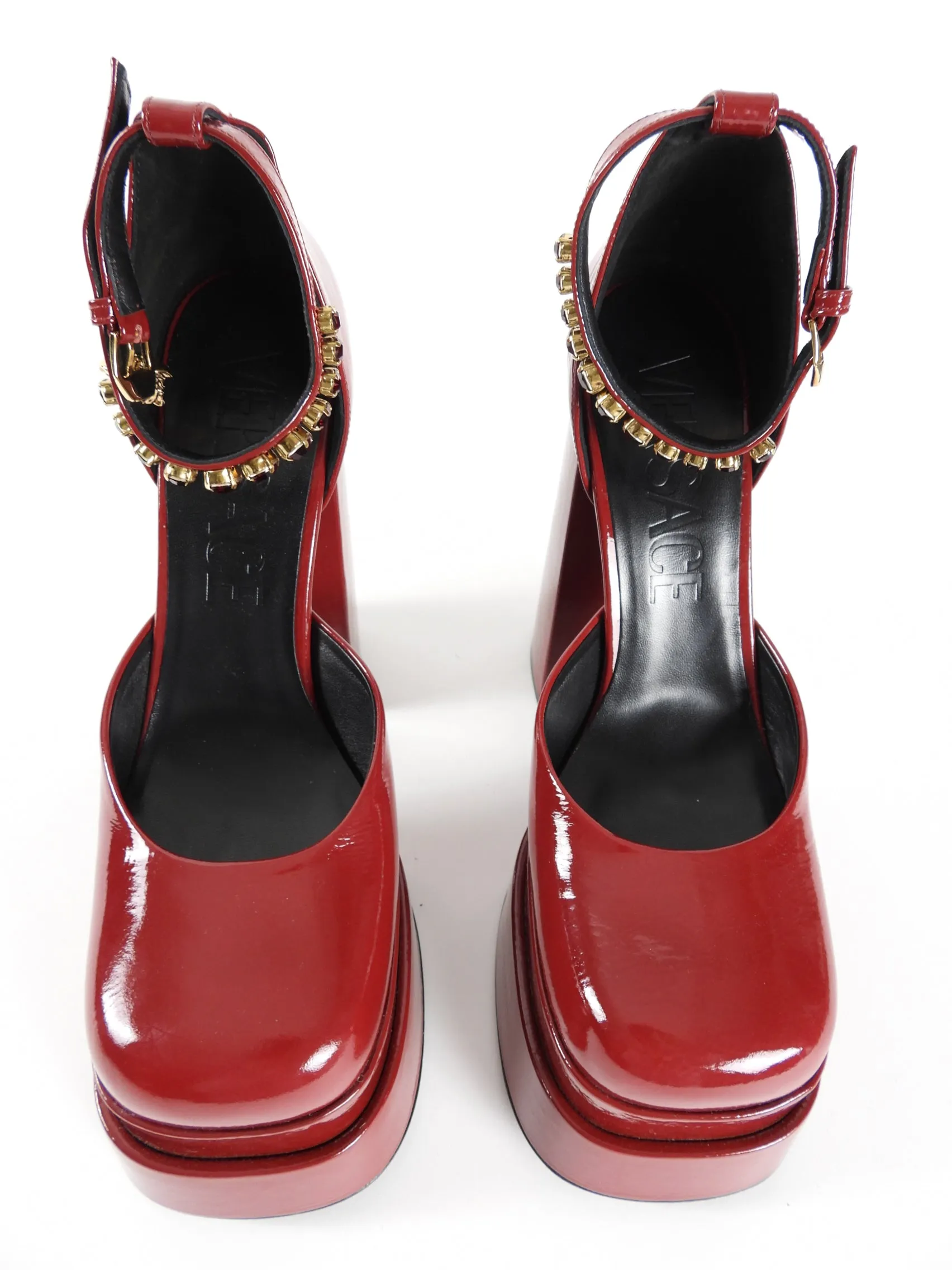 Versace Red Patent Leather Jewel Medusa Aevitas Buckled Platform Pumps - 40.5