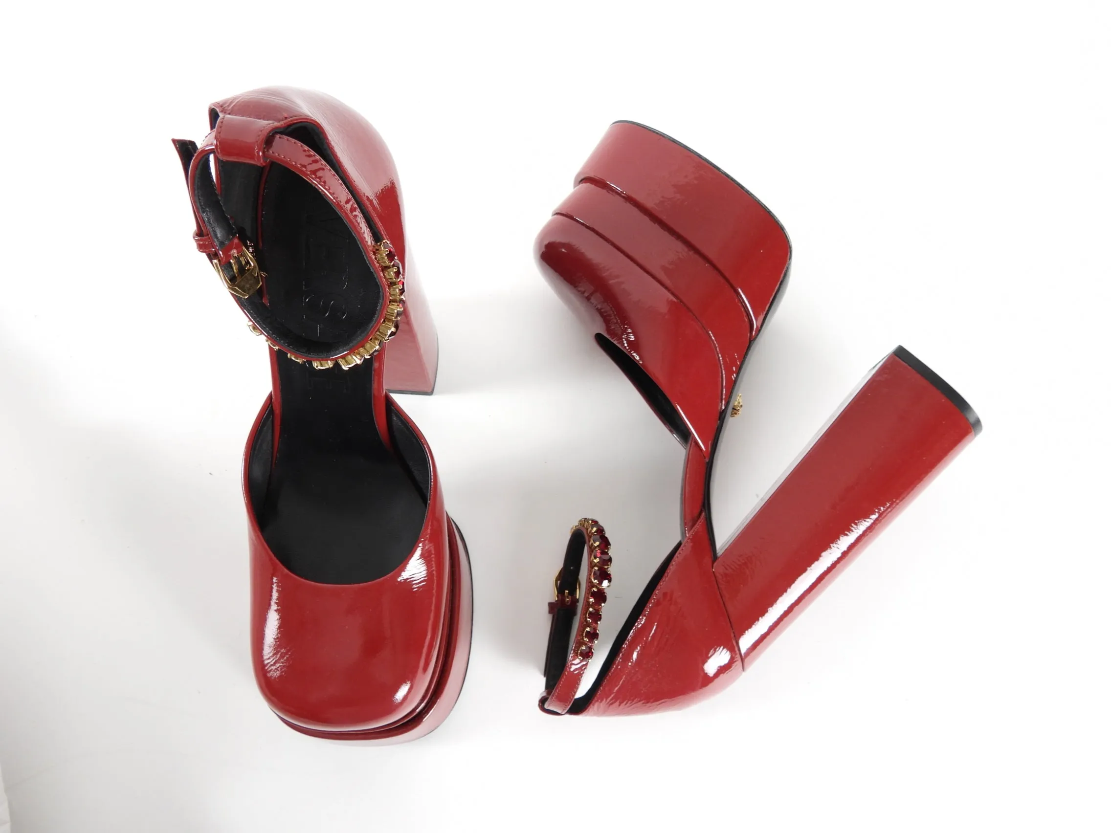 Versace Red Patent Leather Jewel Medusa Aevitas Buckled Platform Pumps - 40.5