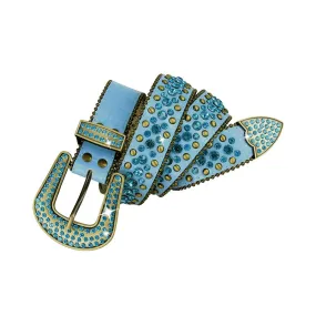 Western Blue Strap With Blue & Metal Studded Rhinestone Belt