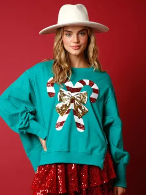 Women's Sequined Candy Cane Oversized Christmas Jumper